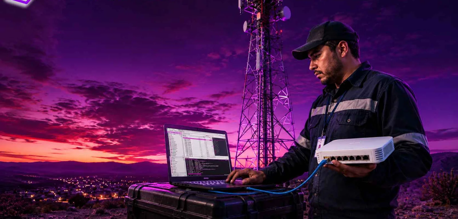 Técnico configurando un MikroTik junto a una torre de enlace